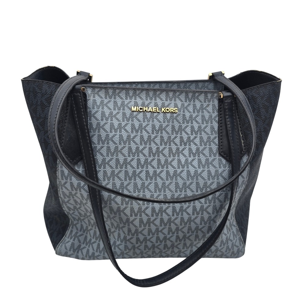 Michael Kors Navy Blue Grey Monogram Logo Tote Bag Gold Hardware